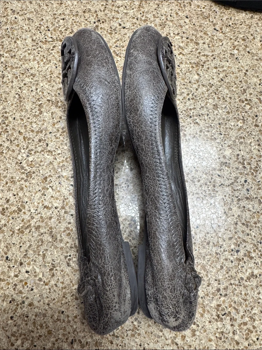 Tory Burch Distressed Brown Leather Logo Ballet Flats